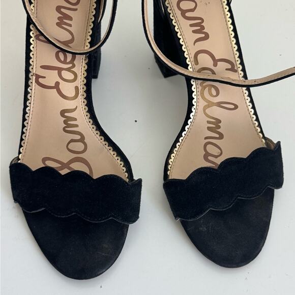 Sam Edelman Odila Black Leather Scallop Edge Block Heel Ankle Strap Sandal 7 - Picture 4 of 9